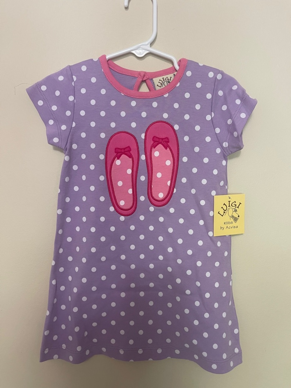 Luigi Kids Purple Polka Dot Dress with Pink Ballet Slippers Appliqué